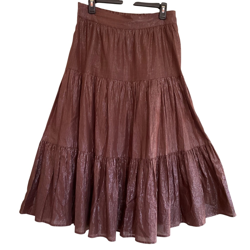 LC Lauren Conrad Brown Metallic Pinstripe Tiered Maxi Skirt M Boho Bronze  Shiny